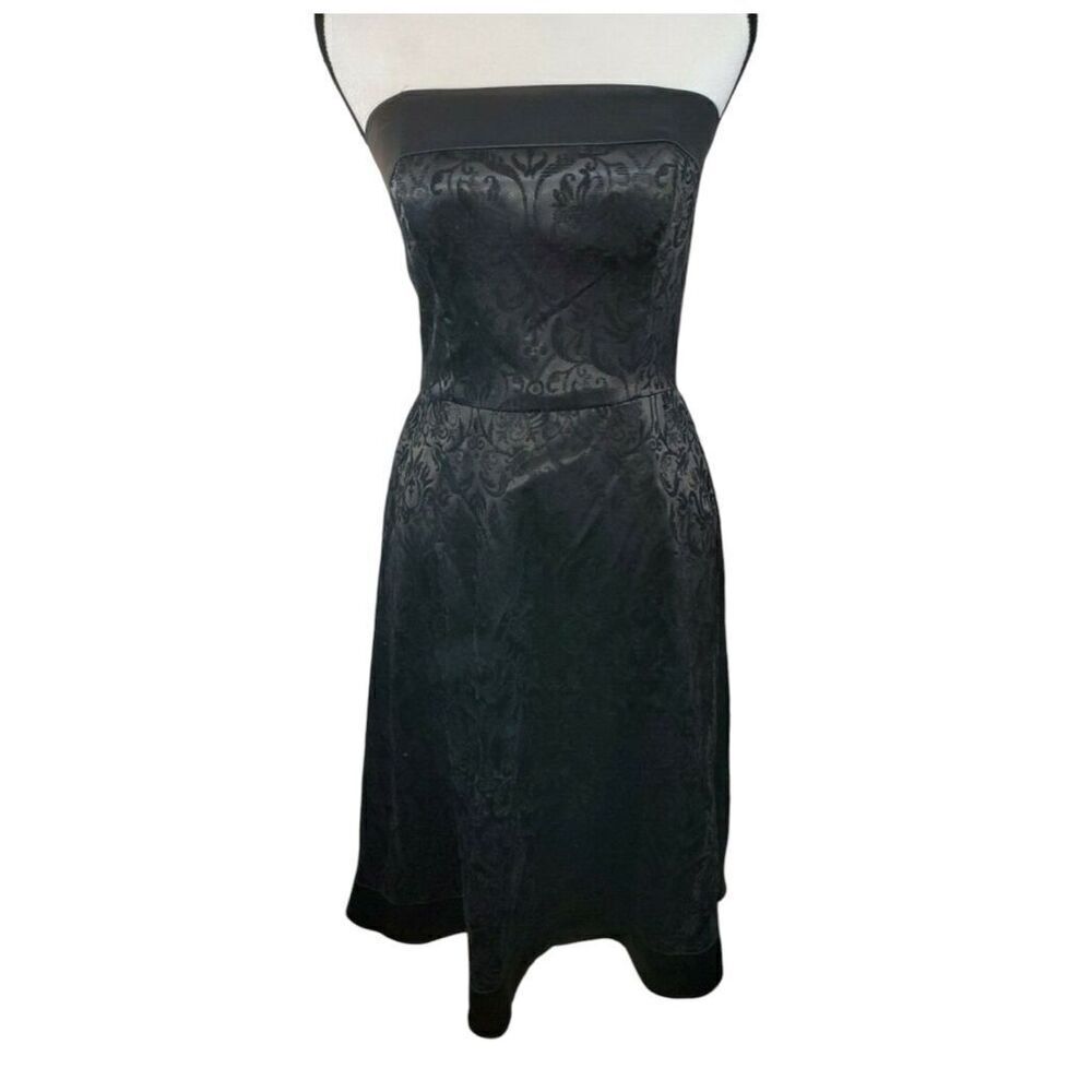 White House Black Market Strapless Midi Dress 4 Black Damask Fit & Flare WHBM - Picture 8 of 16